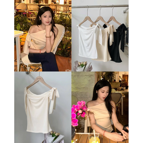 Áo lệch vai thắt nơ chất lưới 2 lớp phong cách Hàn Quốc thanh lịch - 096