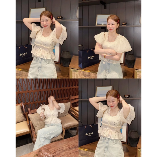 Áo babydoll tiểu thư cổ V tay phồng bèo 2 lớp chất cotton mịn mát - 028