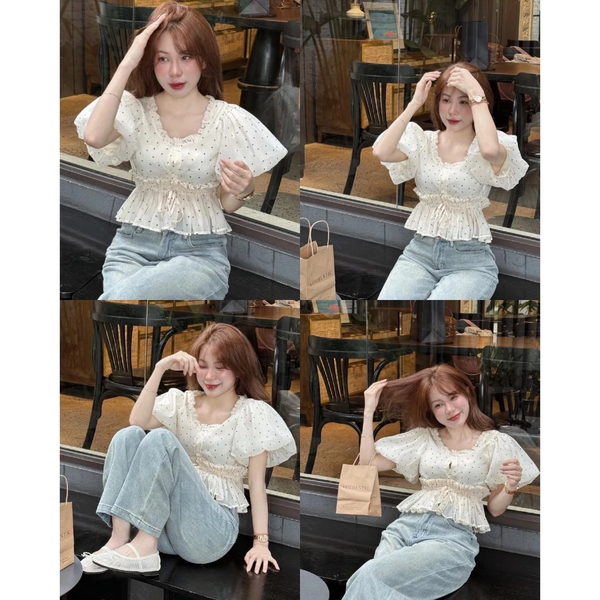 Áo babydoll tiểu thư cổ V tay phồng bèo 2 lớp chất cotton mịn mát - 028