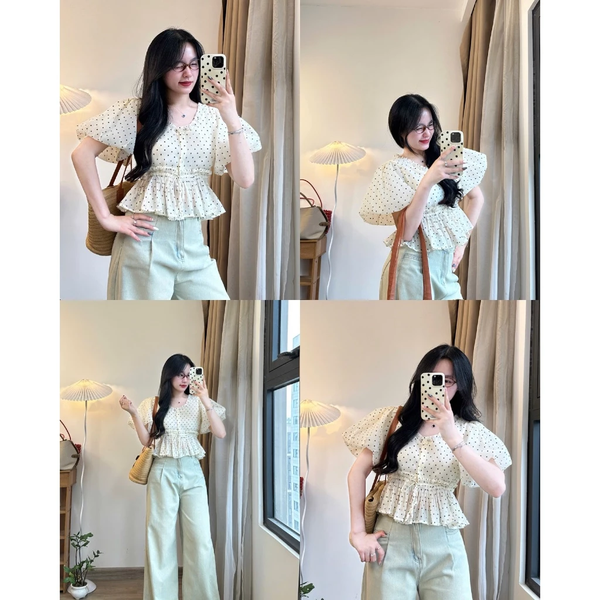Áo babydoll tiểu thư cổ V tay phồng bèo 2 lớp chất cotton mịn mát - 028