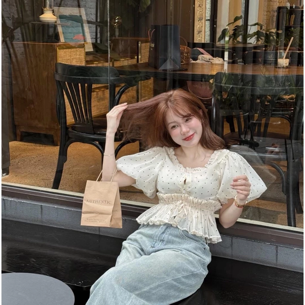 Áo babydoll tiểu thư cổ V tay phồng bèo 2 lớp chất cotton mịn mát - 028