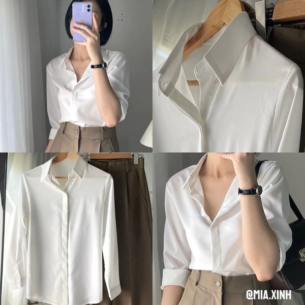 Áo sơ mi lụa Hàn Châu giấu cúc thanh lịch không nhăn cho nàng công sở - 107
