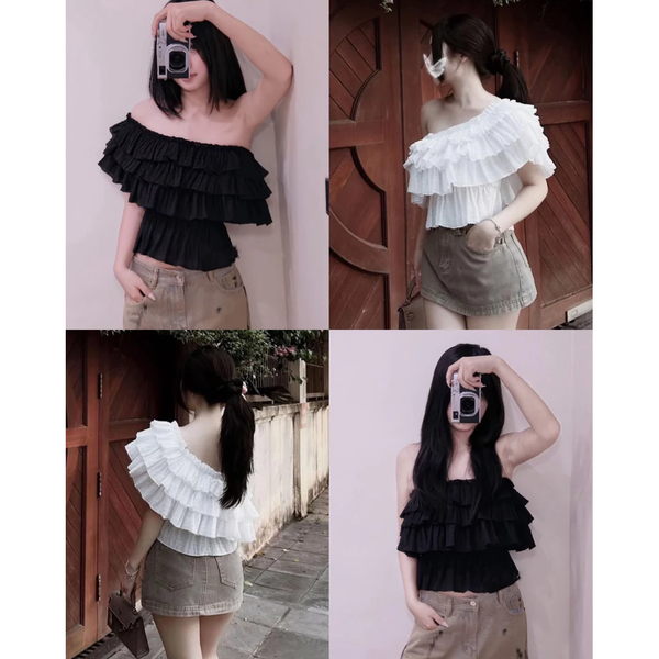 Áo trễ vai tơ nhún 3 tầng cao cấp mặc 4 kiểu phong cách Hàn Quốc - 112