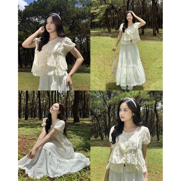 Áo croptop babydoll voan hoa 3 tầng tay bồng tiểu thư ngọt ngào - 115