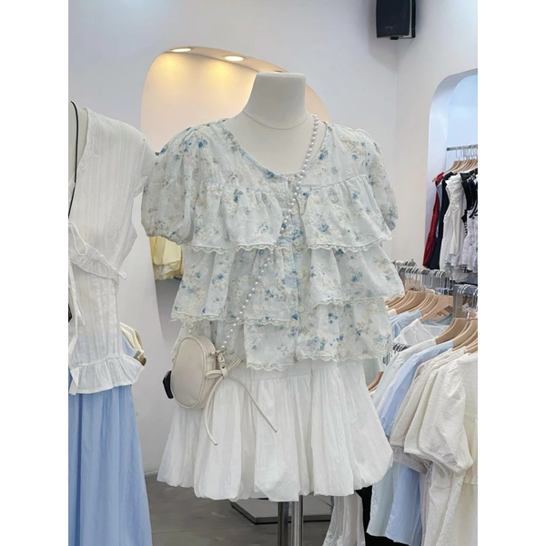 Áo croptop babydoll voan hoa 3 tầng tay bồng tiểu thư ngọt ngào - 115