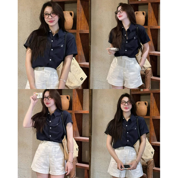 Áo sơ mi nữ thêu nổi tay cộc chất cotton mềm mịn thanh lịch - 041