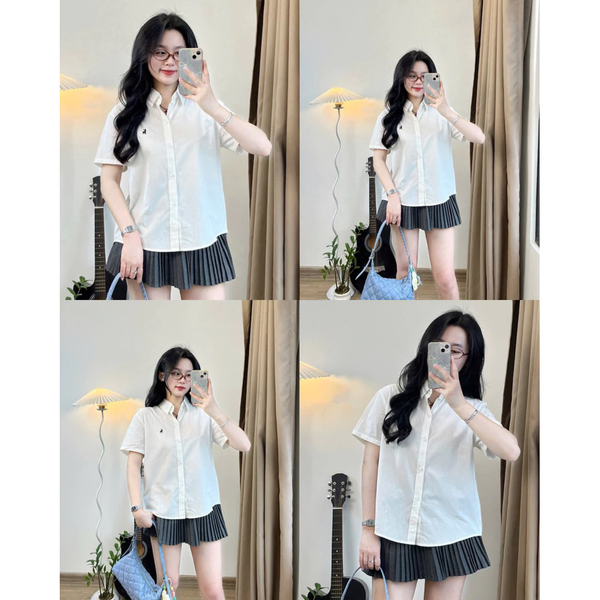 Áo sơ mi nữ thêu nổi tay cộc chất cotton mềm mịn thanh lịch - 041