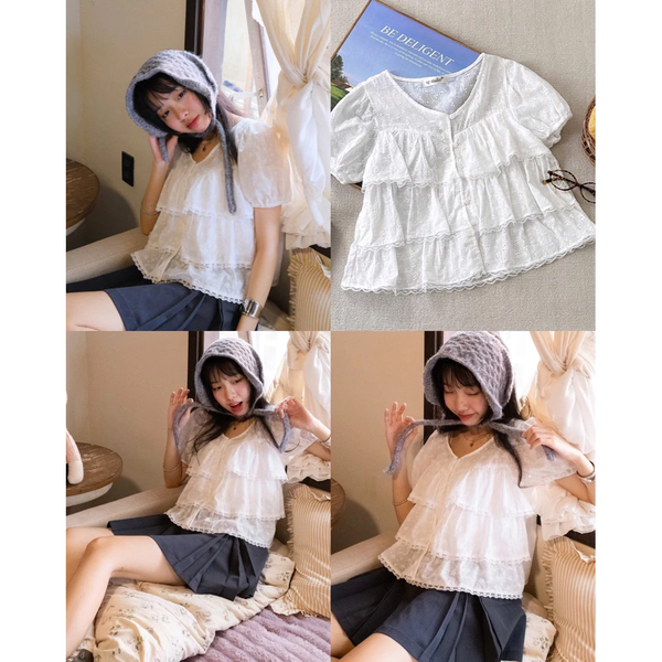 Áo croptop babydoll voan hoa 3 tầng tay bồng tiểu thư ngọt ngào - 115