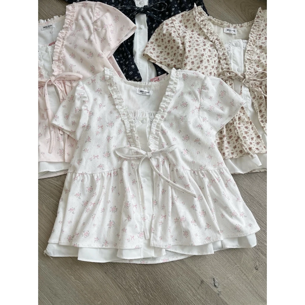 Áo babydoll vải bamboo 2 lớp thắt nơ phối bèo dáng xoè tiểu thư - 133