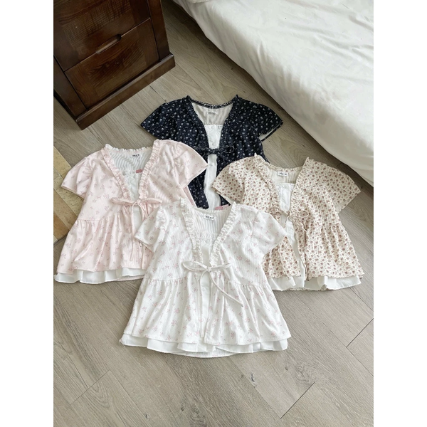 Áo babydoll vải bamboo 2 lớp thắt nơ phối bèo dáng xoè tiểu thư - 133
