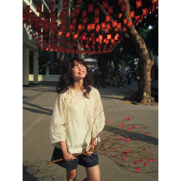 Áo babydoll tiểu thư dệt hoa nổi tay phồng kèm lót trong cao cấp - 068