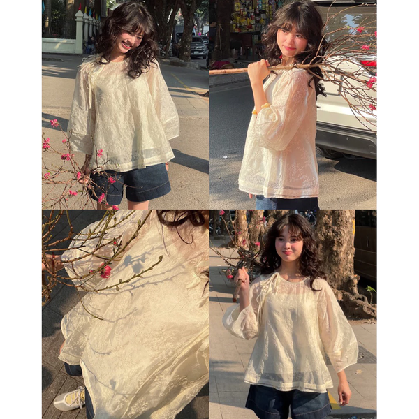 Áo babydoll tiểu thư dệt hoa nổi tay phồng kèm lót trong cao cấp - 068