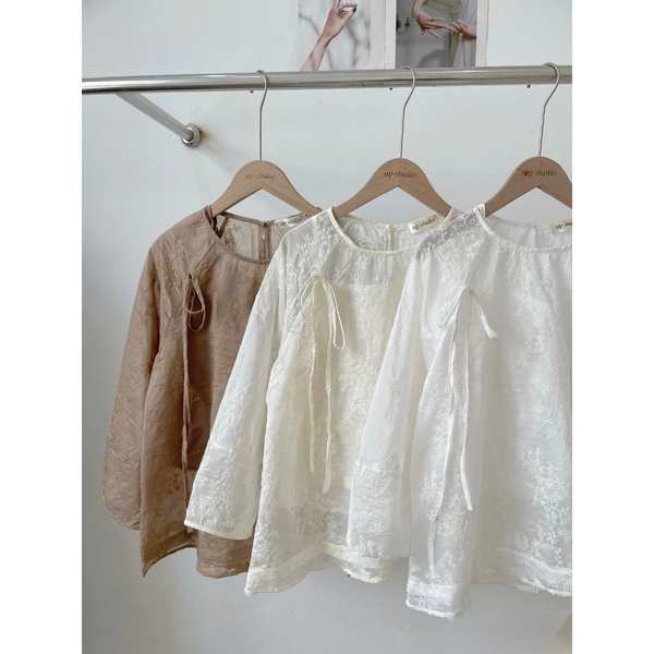Áo babydoll tiểu thư dệt hoa nổi tay phồng kèm lót trong cao cấp - 068