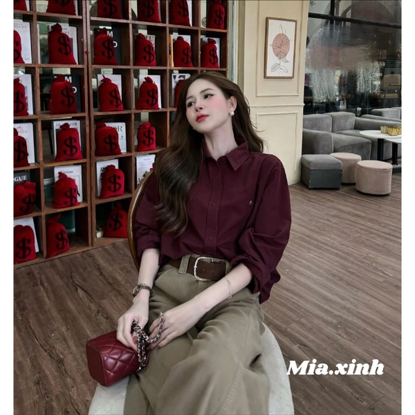 Áo sơ mi croptop đỏ đô thêu nổi chất kaki Nhật phom rộng mềm mịn mát màu siu nịnh da - 006