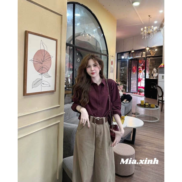 Áo sơ mi croptop đỏ đô thêu nổi chất kaki Nhật phom rộng mềm mịn mát màu siu nịnh da - 006