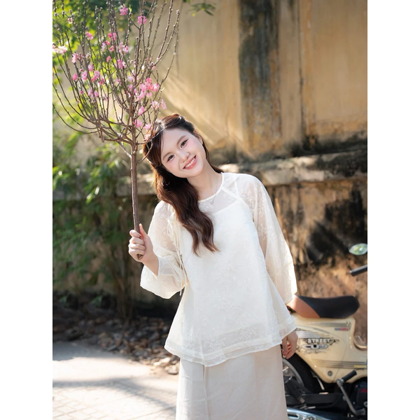 Áo babydoll tiểu thư dệt hoa nổi tay phồng kèm lót trong cao cấp - 068