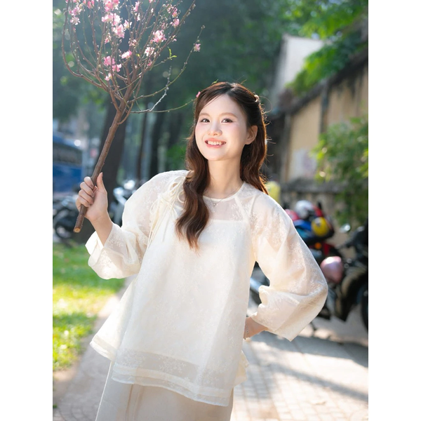Áo babydoll tiểu thư dệt hoa nổi tay phồng kèm lót trong cao cấp - 068