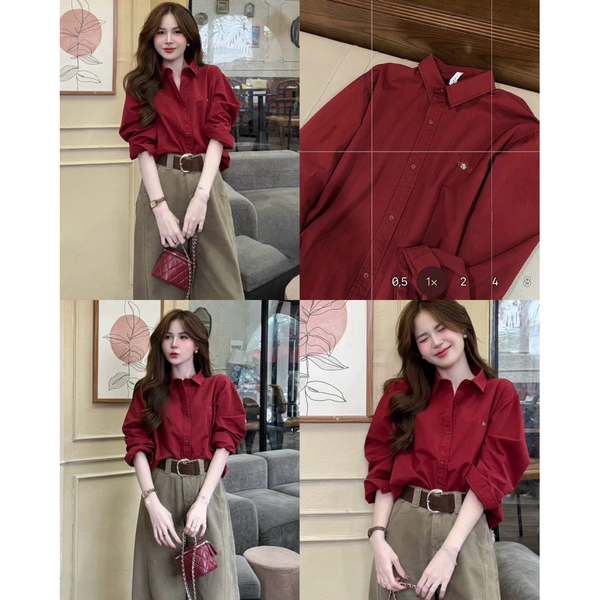 Áo sơ mi croptop đỏ đô thêu nổi chất kaki Nhật phom rộng mềm mịn mát màu siu nịnh da - 006