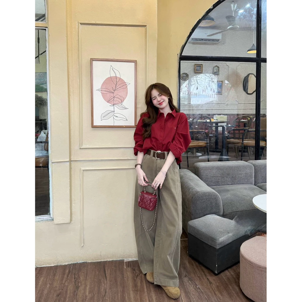 Áo sơ mi croptop đỏ đô thêu nổi chất kaki Nhật phom rộng mềm mịn mát màu siu nịnh da - 006