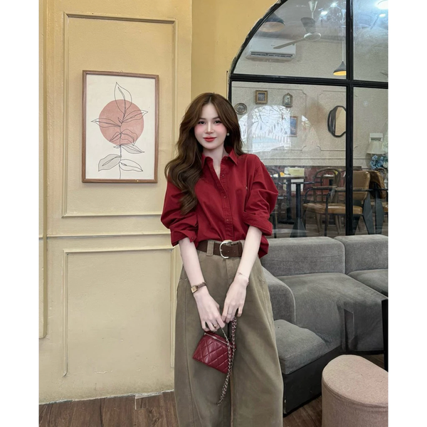 Áo sơ mi croptop đỏ đô thêu nổi chất kaki Nhật phom rộng mềm mịn mát màu siu nịnh da - 006