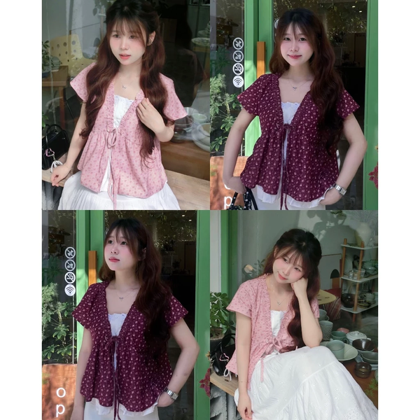 Áo babydoll vải bamboo 2 lớp thắt nơ phối bèo dáng xoè tiểu thư - 133