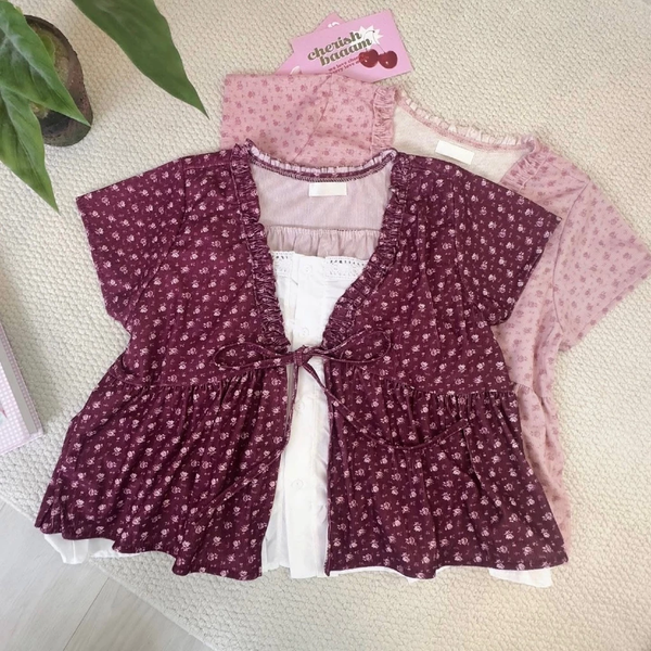 Áo babydoll vải bamboo 2 lớp thắt nơ phối bèo dáng xoè tiểu thư - 133