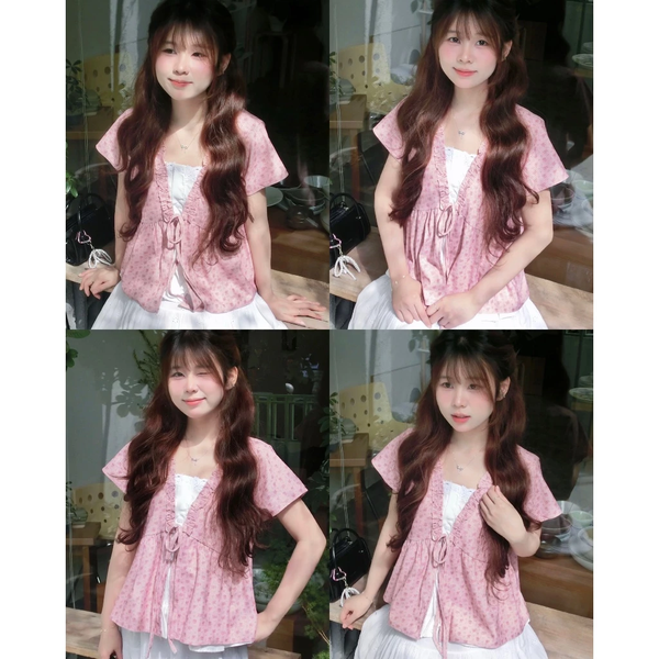 Áo babydoll vải bamboo 2 lớp thắt nơ phối bèo dáng xoè tiểu thư - 133