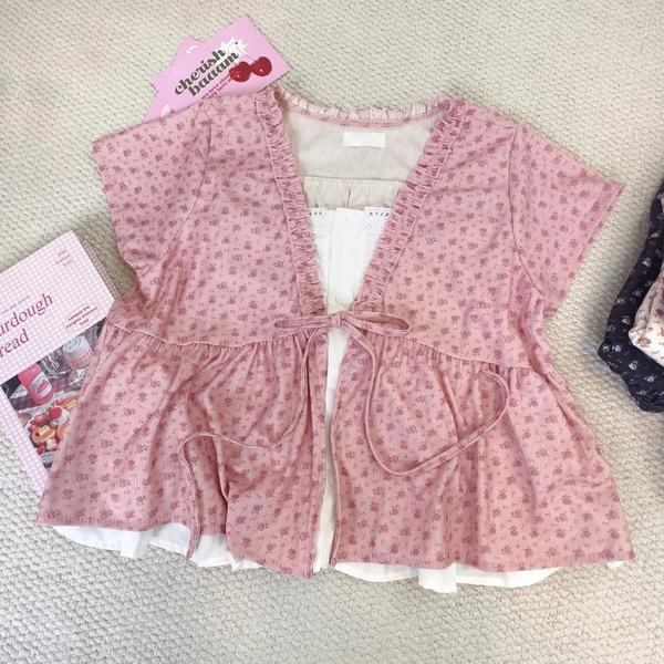 Áo babydoll vải bamboo 2 lớp thắt nơ phối bèo dáng xoè tiểu thư - 133