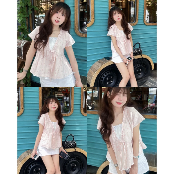 Áo babydoll vải bamboo 2 lớp thắt nơ phối bèo dáng xoè tiểu thư - 133