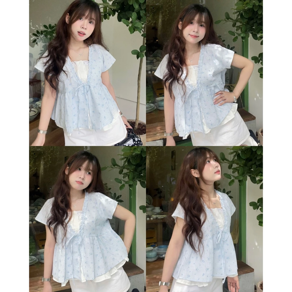 Áo babydoll vải bamboo 2 lớp thắt nơ phối bèo dáng xoè tiểu thư - 133