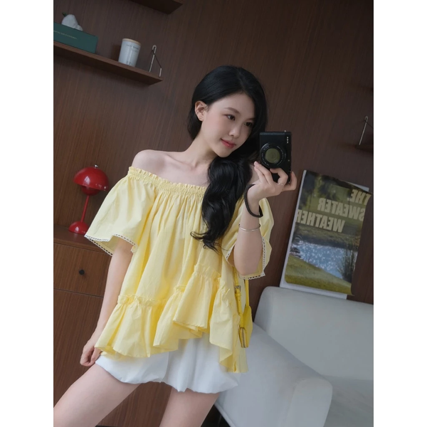 Áo trễ vai tà xéo nhún bèo cotton tự nhiên phong cách tiểu thư - 104