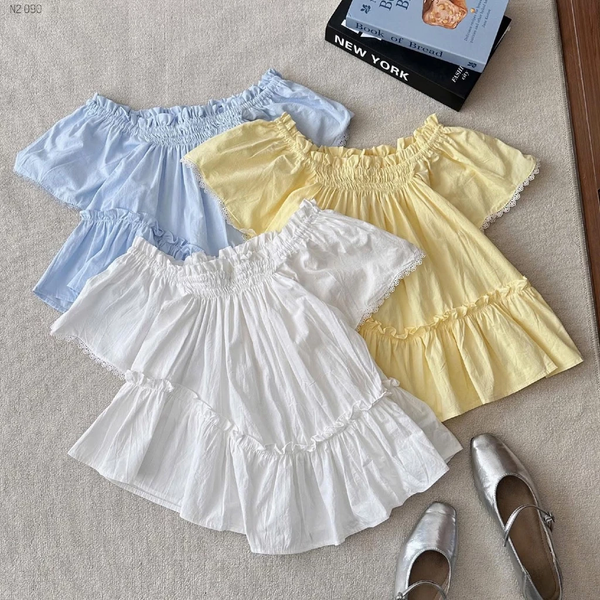 Áo trễ vai tà xéo nhún bèo cotton tự nhiên phong cách tiểu thư - 104
