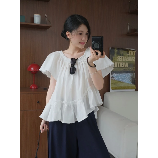 Áo trễ vai tà xéo nhún bèo cotton tự nhiên phong cách tiểu thư - 104