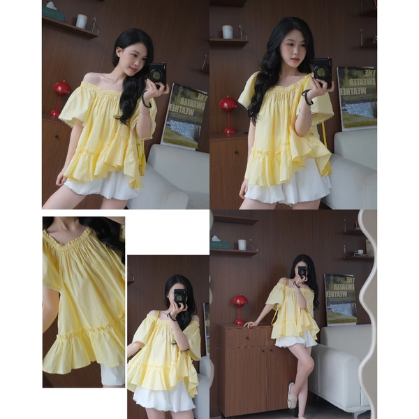 Áo trễ vai tà xéo nhún bèo cotton tự nhiên phong cách tiểu thư - 104