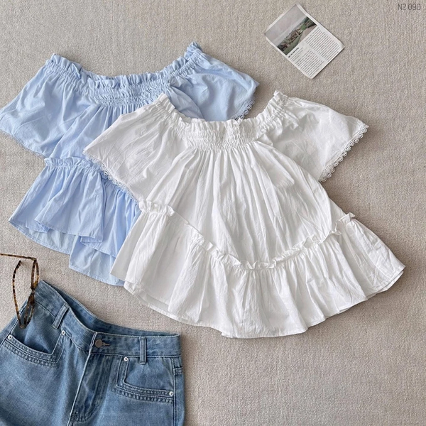 Áo trễ vai tà xéo nhún bèo cotton tự nhiên phong cách tiểu thư - 104