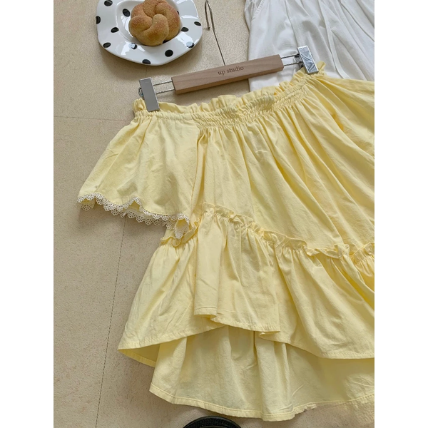 Áo trễ vai tà xéo nhún bèo cotton tự nhiên phong cách tiểu thư - 104