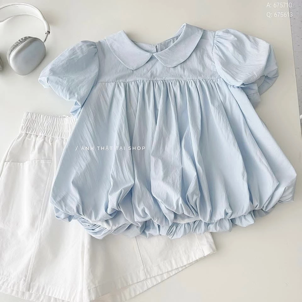 Áo kiểu cổ sen chất gió lụa dệt hoa hai lớp dáng phồng tiểu thư -105