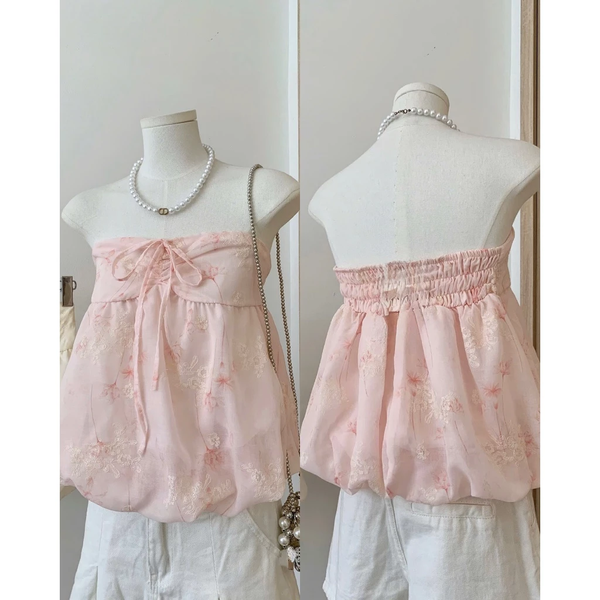 Áo cúp ngực dệt hoa nổi phối nơ tiểu thư màu pastel ngọt ngào - 048