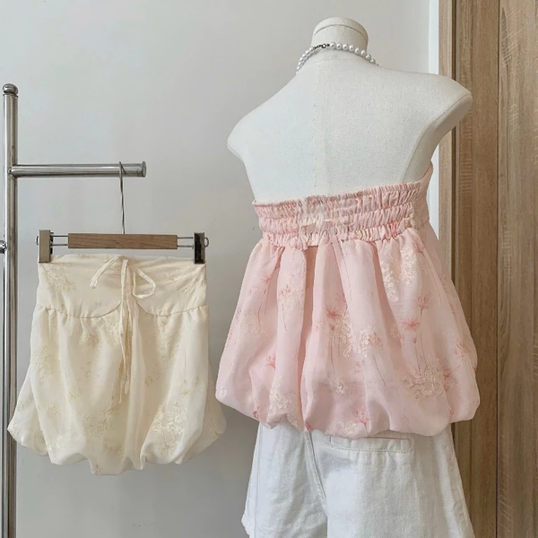 Áo cúp ngực dệt hoa nổi phối nơ tiểu thư màu pastel ngọt ngào - 048