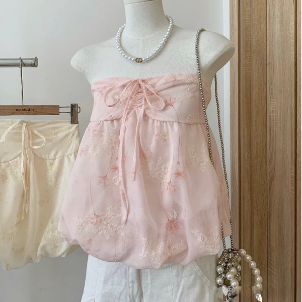 Áo cúp ngực dệt hoa nổi phối nơ tiểu thư màu pastel ngọt ngào - 048