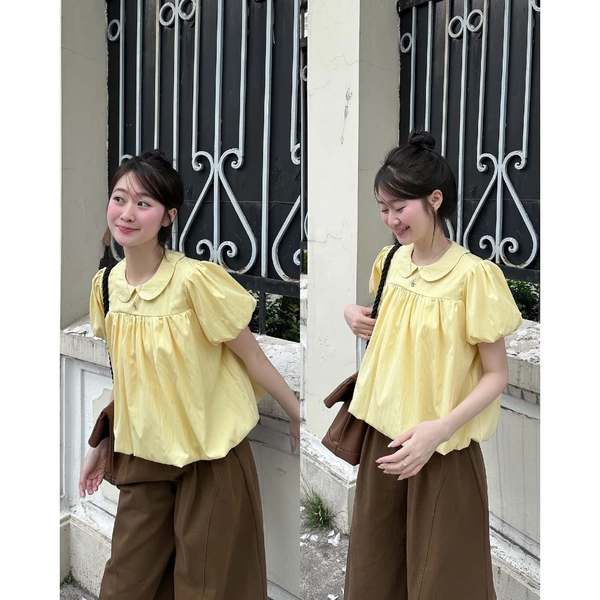 Áo kiểu cổ sen chất gió lụa dệt hoa hai lớp dáng phồng tiểu thư -105