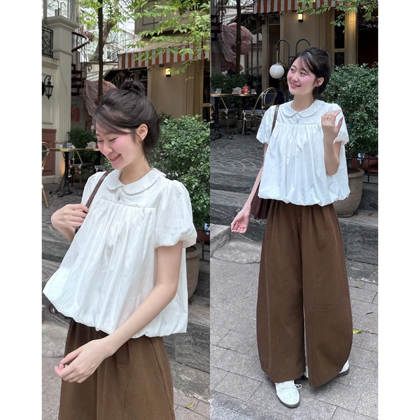 Áo kiểu cổ sen chất gió lụa dệt hoa hai lớp dáng phồng tiểu thư -105