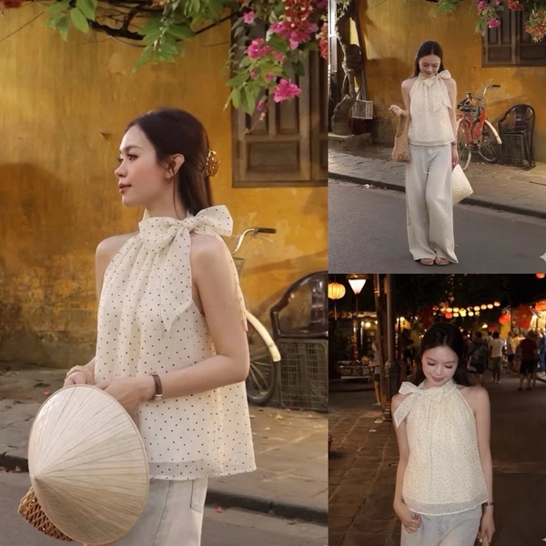 Áo yếm chấm bi thắt nơ chất tơ hữu cơ mềm mịn sang trọng - 089
