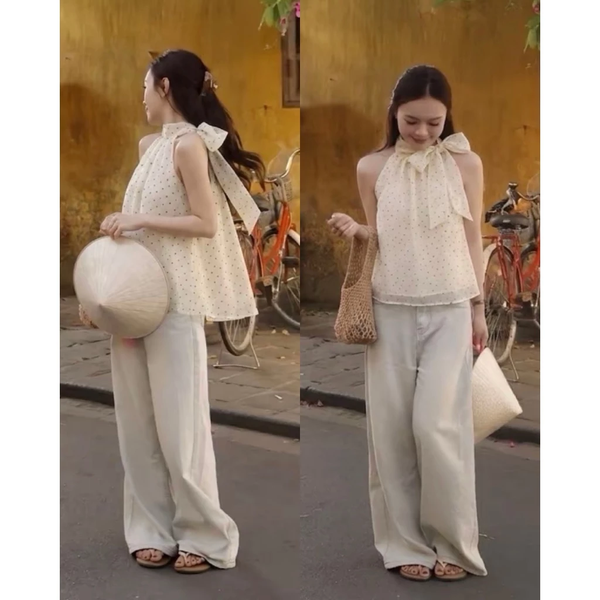 Áo yếm chấm bi thắt nơ chất tơ hữu cơ mềm mịn sang trọng - 089
