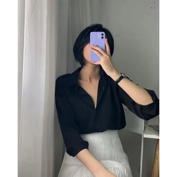 Áo sơ mi đen nữ tay dài công sở Kate Nhật cao cấp thanh lịch - 033
