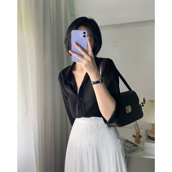 Áo sơ mi đen nữ tay dài công sở Kate Nhật cao cấp thanh lịch - 033