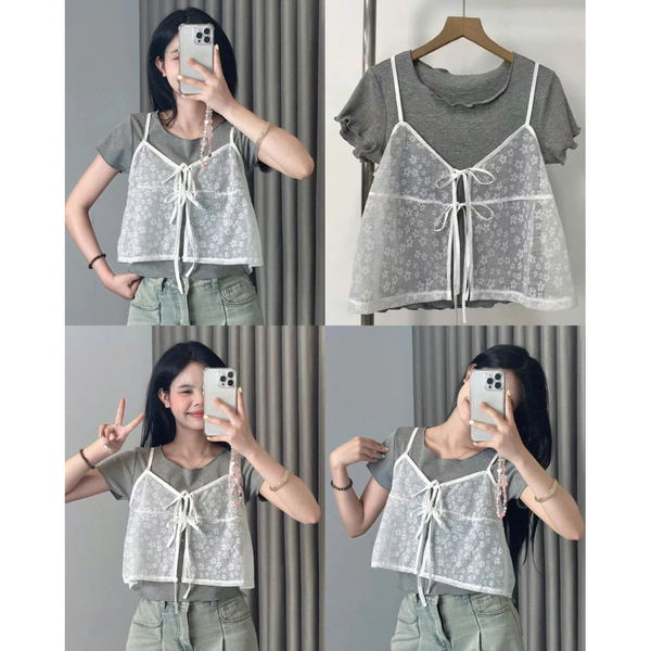 Set áo thun gân ôm body phối áo 2 dây dệt hoa thắt nơ điệu đà -118