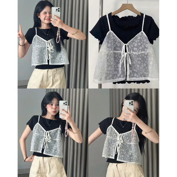 Set áo thun gân ôm body phối áo 2 dây dệt hoa thắt nơ điệu đà -118
