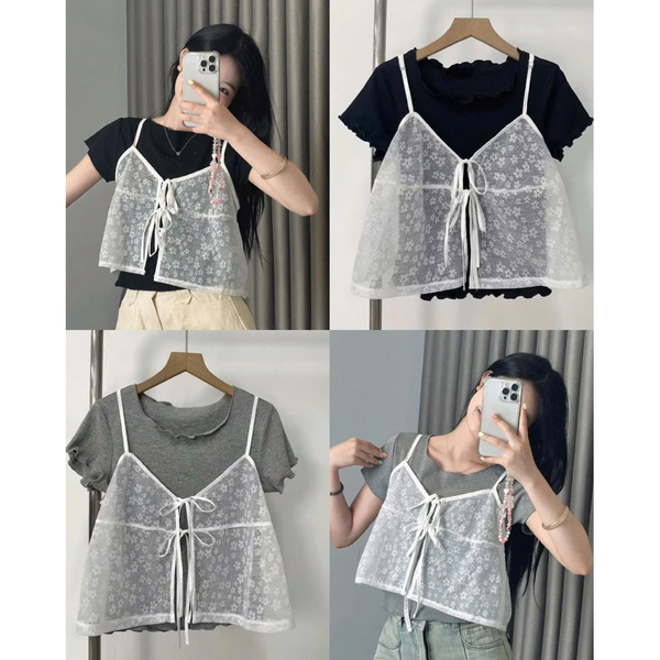 Set áo thun gân ôm body phối áo 2 dây dệt hoa thắt nơ điệu đà -118