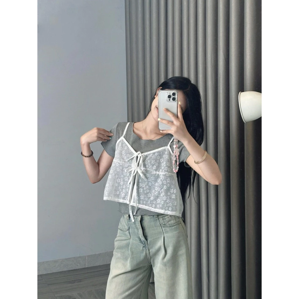 Set áo thun gân ôm body phối áo 2 dây dệt hoa thắt nơ điệu đà -118